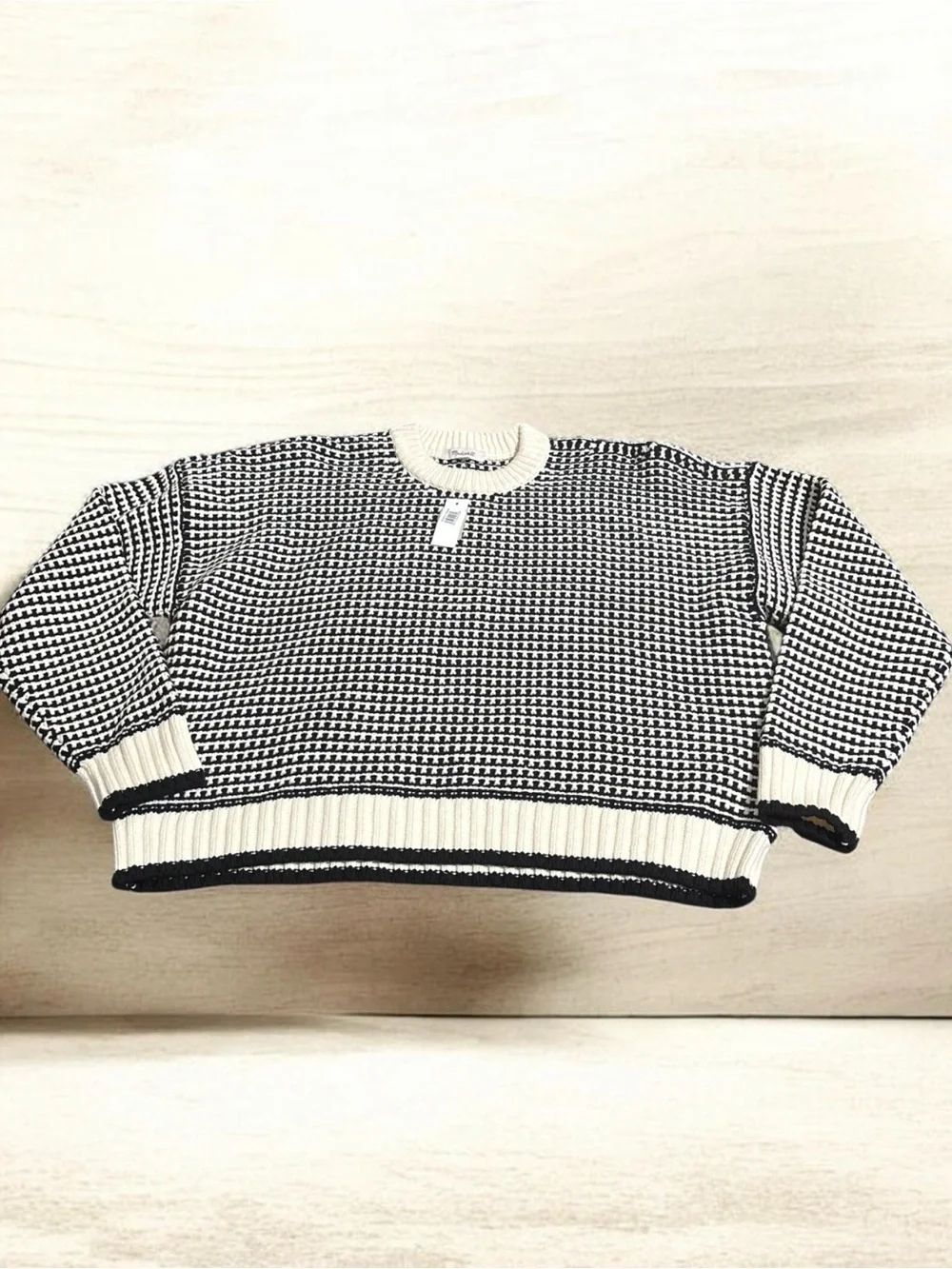 NWT Madewell Textured-Stitch Crewneck Sweater Ivory Black Stripe Size L